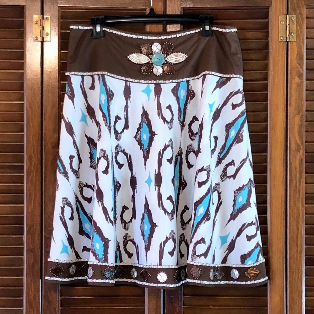 Boston Proper Short Brown White Teal Embellished Skirt